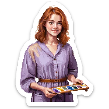 Serene female oil painter, Caucasian features, shoulder-length auburn hair, soft brown eyes, gentle smile, wearing a violet painter’s smock lightly stained with paint over a beige blouse, holding a wooden palette with vibrant colors in one hand and a brush in the other, waist-up, front-facing sticker