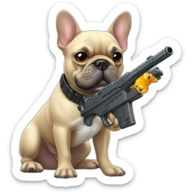 A French bulldog with a toy gun sticker