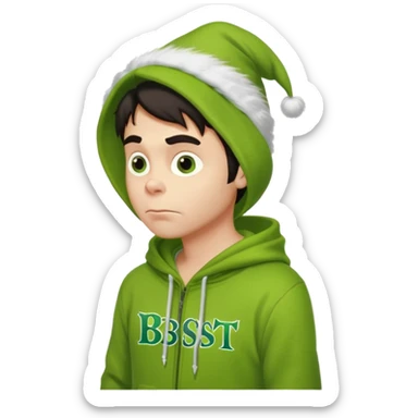 Create an avatar of white European with dark hair  male in hoodie with ``BST`` letters on it. Make background to look like from movie Grinch. make him look from right to left sticker
