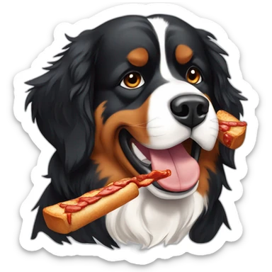 Bernese mountain dog eating a barbecue sticker