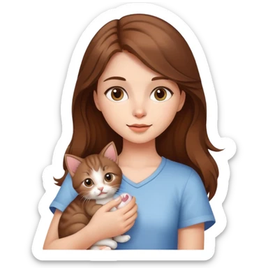 A beautiful brown-haired girl holding a kitten sticker