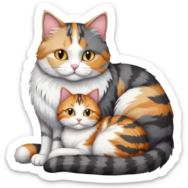 full body colourful light patched calico + white tabby cat cuddling a big dark grey and white tabby cat  sticker