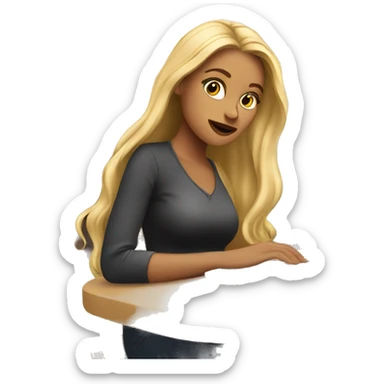 woman with long blonde hair sitting in cafe with laptop sticker