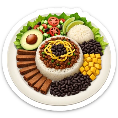Food plate with rice, black bean, minced meat and salad sticker