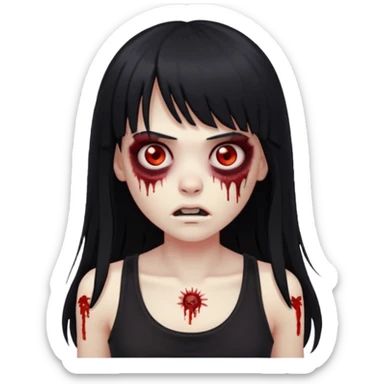 Zombie emoji with long black hair and bangs, big red eyes, small nose, and a simple black tank top. sticker