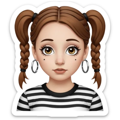 a white girl with brown hair in very low pigtails black eyeliner big false eyelashes with a septum piercing nose piercing big hoop earings dermals close to the eyes one on each side wearing a black and white striped long sleeve shirt sticker