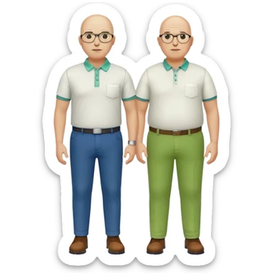 two guys, the first guy is white bald have glases a white dressshirt with rolled up sleeves and green pants he is over weight, The second guy has a yellow skin white golf shirt blue jeans and bald they should stand next to eachother sticker