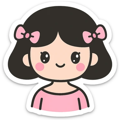 girl with black chanel haircut, pink bows, coquette look, sweet expression sticker