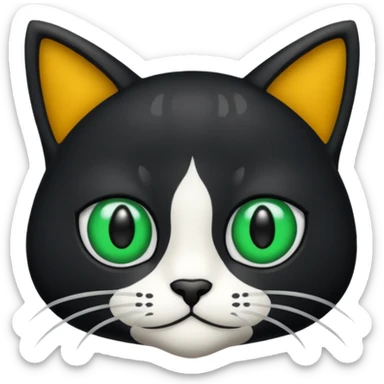 crie uma imagem de um gato preto com uma mancha branca no peito o gato tem olho verde  tudo no estilo de animação sticker