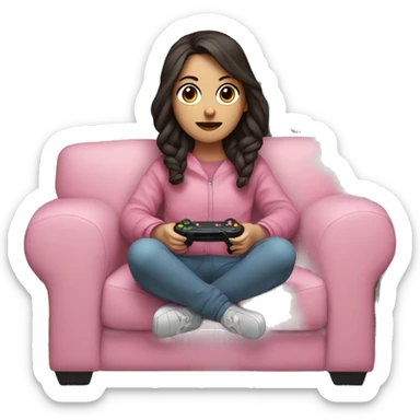 White girl with dark hair wrapped up in a blanket sitting on a couch with a pink gaming controller in her hands sticker