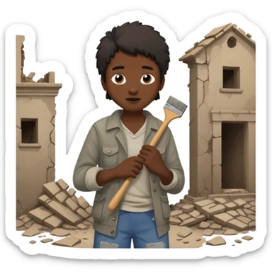 Character brushing dust off themselves as ruins fall behind sticker