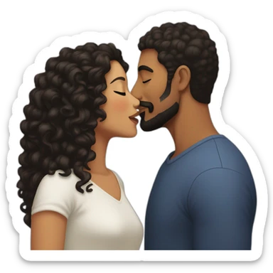 Brown man with a smooth black hair cut fade and a black beard kissing a White woman with long brown curly hair sticker