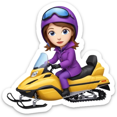 Woman, Brown hair, very blue eyes, wearing a Very red coat  on purple and yellow striped snowmobile sticker