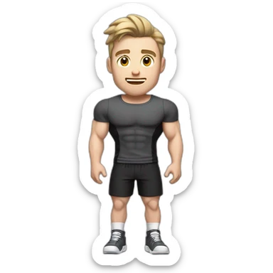 Surprised Pale skinned Fit Man With the biceps and dark brown hair in black shirt, gray sports shorts and white Sneakers sticker