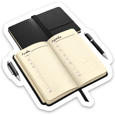 A classic black Moleskine notebook open to show a page with 'AGENDA' written at the top and meeting items listed below with bullet points sticker