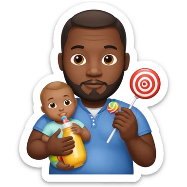 Big black man hold a  baby bottle and a lollipop sticker