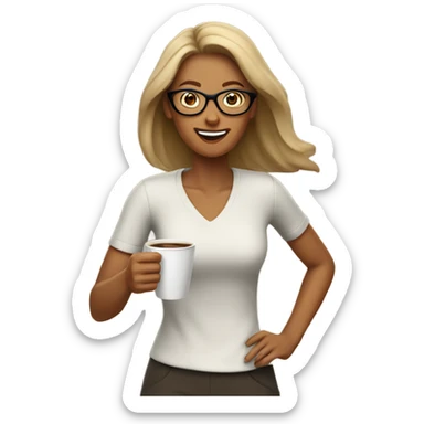a tan women with glasses who is running as she is holding coffee  sticker