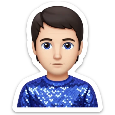 Jeff McCracken with dark brown hair, periwinkle sequin outfit sticker