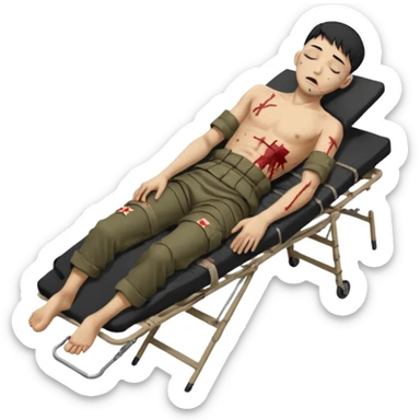 wounded man of oriental appearance, dressed in torn clothes, full length, with closed eyes, head lying on stretcher, in prone position, with injuries on black military stretcher, 1980 sticker