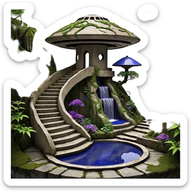 Alien saucer house jungle-vines precarious narrow stairway fountain mountain-island landscape antique mudman very old broken cracked intricate Stone Age lapis-crusted irregular dodecagon-shaped shallow dark moss rough bark violet serissa flowered maple tree bonsai pot sticker