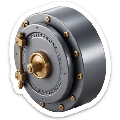 a bank vault door with a combination lock, skeuomorphism style, metallic shine, realistic shadows, embossed details sticker