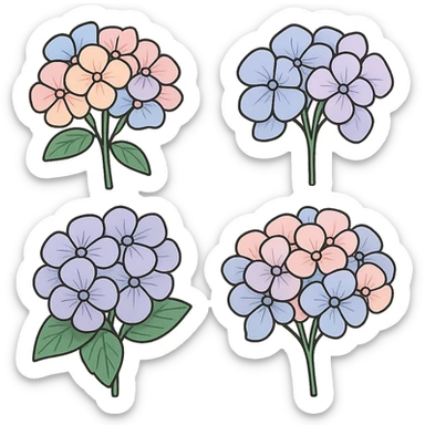 Hydrangea with leaves, detailed with shadows and highlights, in icon-color-outlined style with thin clean outlines and soft rounded shapes. Use a pastel palette #98B5BC, #B5B3C1, #C9A3C9, #E4C0CA, #F7DCD1, #F7C0AA. Transparent background. Inspired by the reference image, emphasize harmony of colors and leaves. sticker