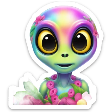 Lisa frank alien with big head and big black eyes with flowers sticker