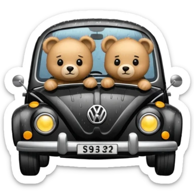 Two teddy bears in black Volkswagen in the rain sticker
