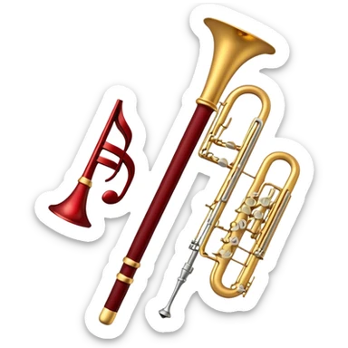 Create a sophisticated and elegant emoji that represents orchestration and arrangement. The design should feature a conductor’s baton, musical notes, and a symphonic score, symbolizing the process of arranging and orchestrating music. Incorporate instruments like a violin, trumpet, and piano keys subtly in the background, representing different sections of the orchestra. Use classical and refined colors such as gold, deep red, and black to evoke the grandeur and precision of orchestration. The background should be transparent. sticker