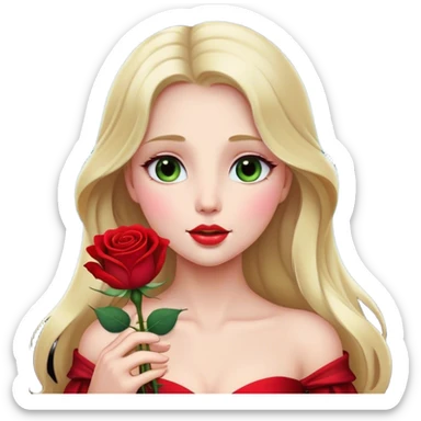 Cinematic Elegant Aurora Portrait Emoji, Delicately holding a single red rose, gazing with soft wonder, lips gently parted as if about to sing, the picture of grace and elegance, glowing with royal charm! sticker