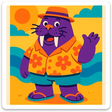 purple walrus wearing summer clothes, vibrant and playful sticker