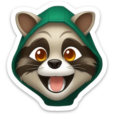 brown raccoon with orange eyes and a dark green hood that is laughing sticker