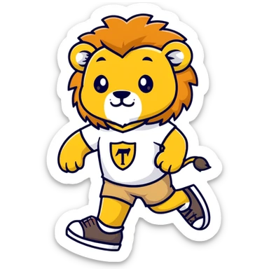 retro 1930s anthropomorphised lion in a t-shirt and shorts walking, black and white sticker