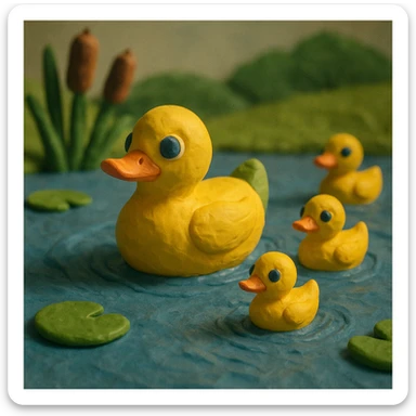 duck family swimming in a pond, vibrant colors, soft lighting, textured look, claymation style sticker
