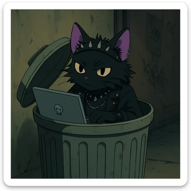 a garbage can with a cyberpunk goth punk cat holding a laptop poking out of it, in the style of Ghibli sticker