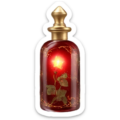 Dark red magic fairy light sparkling old Antique oil perfume bottle with herbal and rose flowers sticker