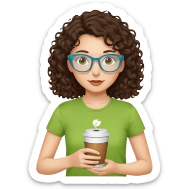 White girl with dark brown curly hair, brown eyes, sky blue glasses, apple green t shirt, drinking coffee sticker