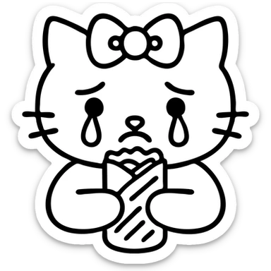 Colorized dürüm with all other details unchanged. White cat, sad, teary-eyed, wearing a light pink ribbon on its head, icon style, no background. sticker