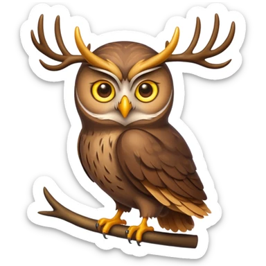 Emoji chouette  brun clair, yeux jaunes brillants, bec recourbé, sagesse et puissance, perchée sur un cerf sticker