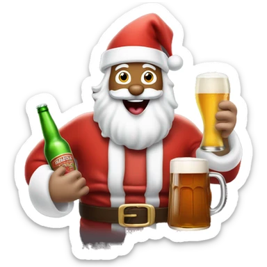 Excited white Santa's face sticking out tongue and rudolph holding beers with sled sticker