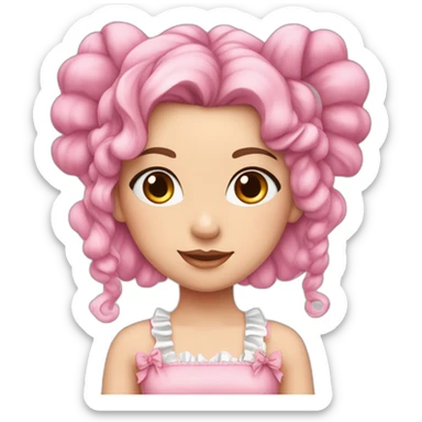 white girl in pink frilly dress with ruffles and bow, pink hair, long pigtails sticker