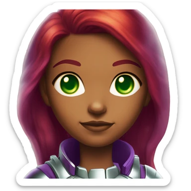 dc comics starfire glowing green eyes red long hair, purple and silver spacesuit with no helmet no green jewels sticker