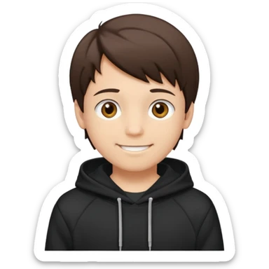 A brunette boy, short straight hair, light brown eyes, with a black sweatshirt with a hoodie, and smile  sticker