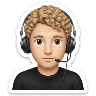 handsome, curly dark blonde haired man with hazel eyes, wearing a black top and black gaming headphones sticker