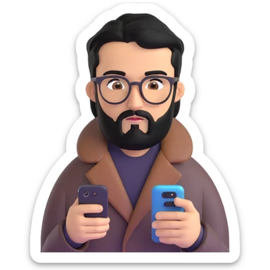professional man with medium black beard, black hair combed to one side, connected unibrow, olive tan skin, brown eyes, glasses, prominent nose, wearing black coat, intently looking at and interacting with smartphone screen, with subtle office background sticker