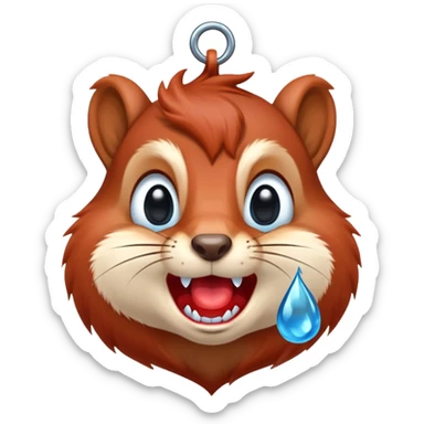 Front view of squirrel face with red-brown fur, prominent teeth, black eyes, and a huge blue drool droplet hanging from mouth, unmistakable drooling sticker