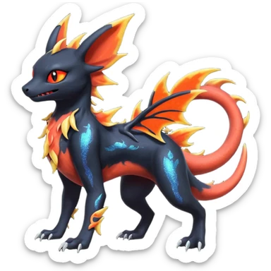 Shiny Fiery Dark Ugly Evil Realistic Glowing Eldritch Horror Cool Edgy Badass Emo Glorious Demonic Batty Dusky Ethereal Sparkly Shimmering Magical Punky Aural Iridescent Fluorescent Bioluminescent Litten-Amaura-Salandit-Noibat-Flareon-Fakémon-fusion (full body) with intricate pattern markings sticker