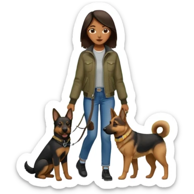a girl with a brown dark hair, she's walking her dog is a german shepard sticker