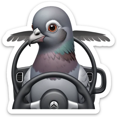 pigeon parking a car, bird using steering wheel and parking sticker