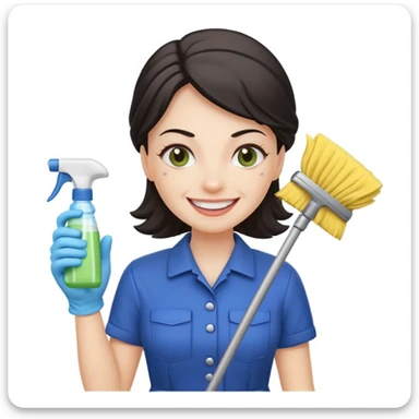 evil cleaning lady, grinning, holding cleaning spray, simple background sticker